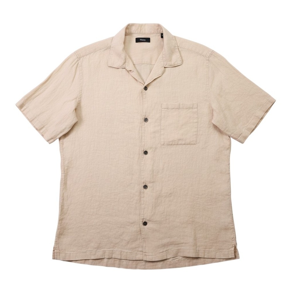 Theory Noll Summer Linen Camp Shirt Mens Medium Beige Short Sleeve Resortwear
